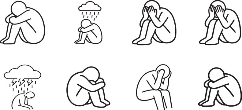 Depression and sadness thin line icon set for emotional well-being, mental health and support. EPS vector.