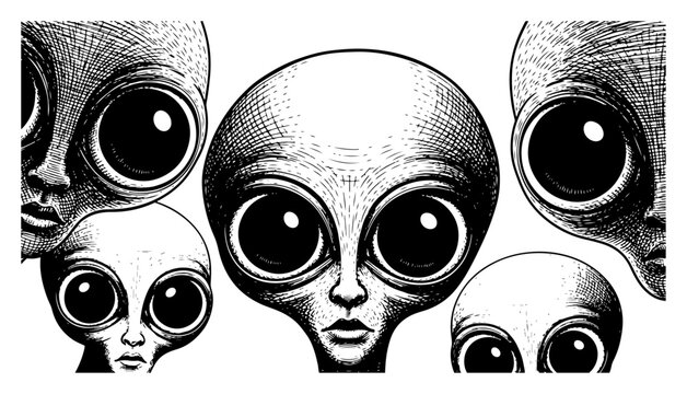 Grey alien group with large black eyes in detailed engraving style