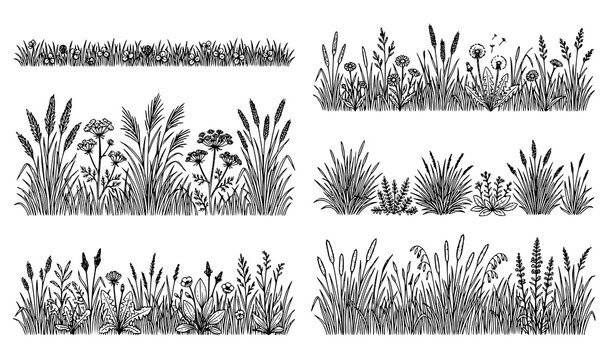Hand Drawn Grass Border Collection with Wild Meadow Plants Decorative Nature Landscape Illustration Set