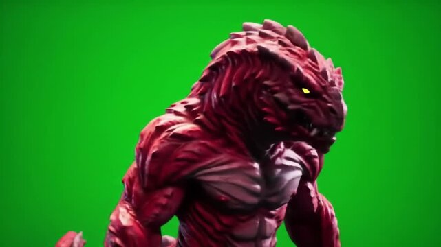 Red muscular monster creature on green screen.