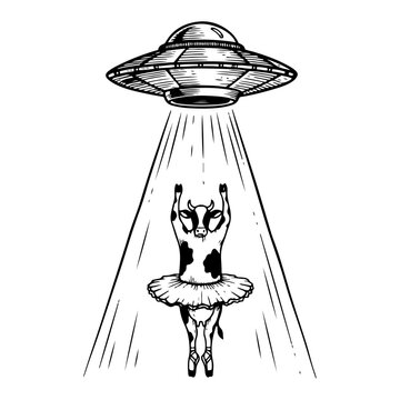 Cow ballerina in tutu being abducted by ufo light beam in vintage engraving style