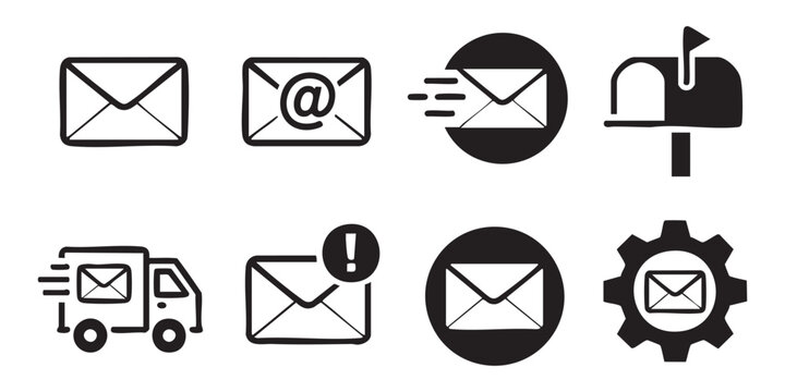 Email and mail services icon set, contact and delivery, black vector illustration collection.