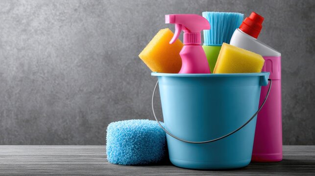 Bucket with cleaning supplies and sponges on grey wooden table
