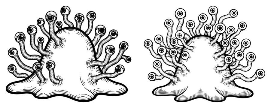 Blob creature with multiple eyes on tentacles in vintage engraving style