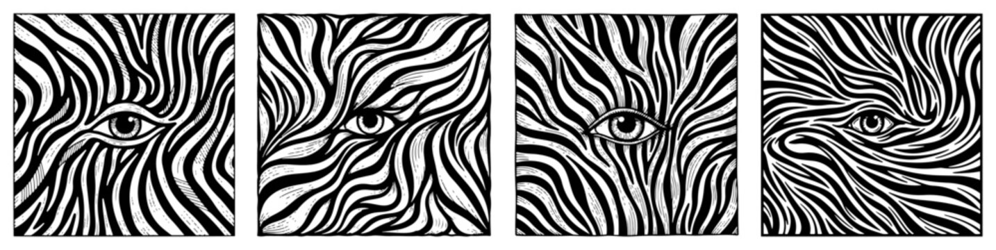 Human eyes peering through swirling organic abstract patterns in vintage engraving style