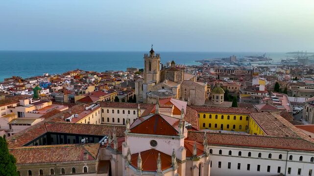 Aerial view of the Primatial Cathedral of Tarragona, a Roman Catholic church in Tarragona, Catalonia, Spain