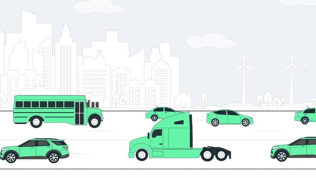 Green Transportation in Smart City with Electric Vehicles, Public Bus and Wind Turbines &ndash; Flat Vector Animation