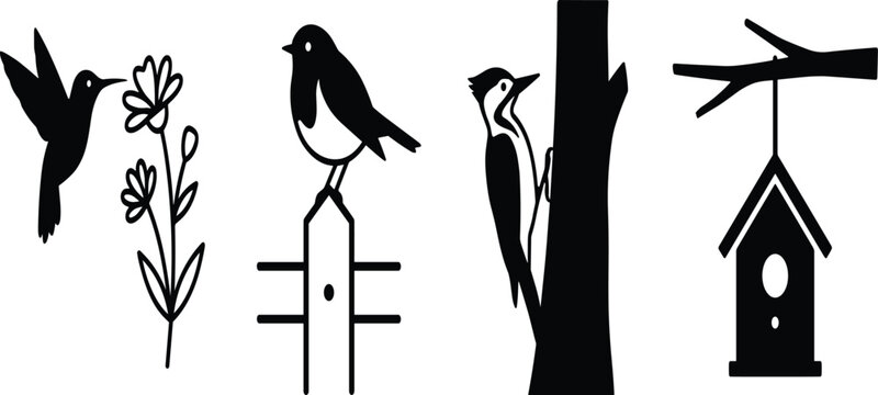 Bird Silhouette Set with Hummingbird on Flowers, Robin, Woodpecker on Tree Trunk, and Birdhouse on Branch Designs