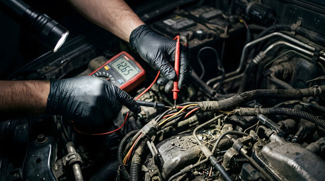 Auto Electrician Using Digital Multimeter Probes to Diagnose Voltage in Vehicle Wire Harness
