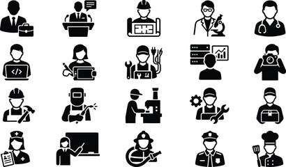 Obraz premium Black and white icons of various professionals