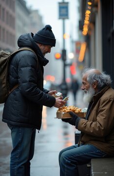 Man shares food and money with homeless person on wet city street. Generosity in urban poverty. Passerby helps beggar, offering kindness and support. Hopeful interaction on cold day.