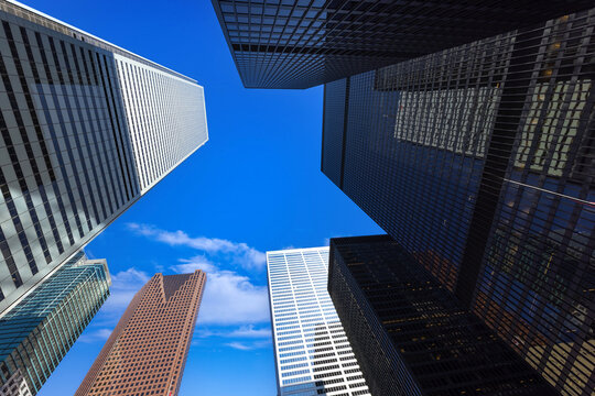 Low-angle view of Toronto financial district towers
