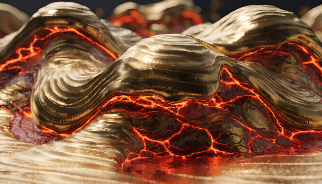 Wavy metallic gold hills with glowing red lava cracks in abstract landscape