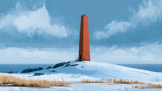Digital painting of a red lighthouse in a snowy winter landscape