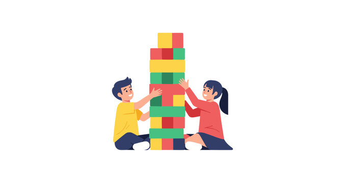 Two children building a tall colorful block tower together