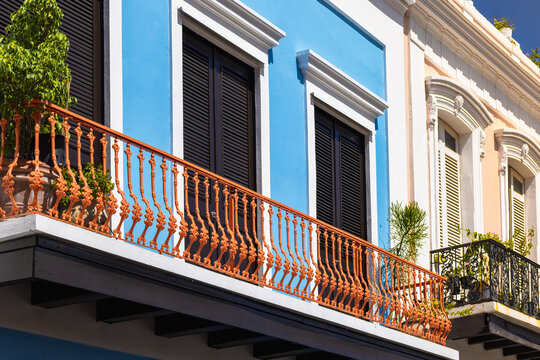 Low-angle view of Old San Juan balconies and shutters