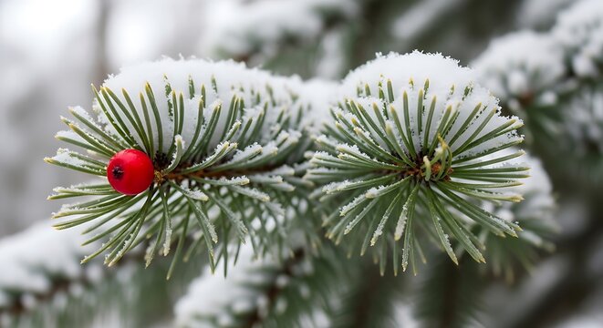 Snow covered evergreen branch with red berry