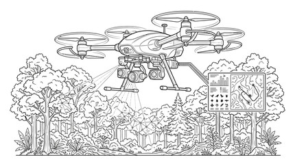 Obraz premium Drone surveying forest with cameras, advanced technology in nature