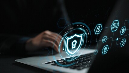 Secure Digital Environment with Laptop and Cybersecurity Icons Emphasizing Data Protection and Encryption for Technology Usage. Entropy. © InfiniteFlow