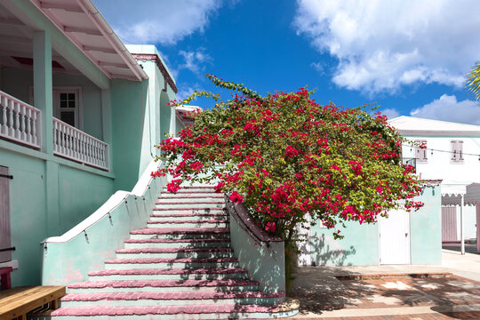 Vibrant mint green colonial stairs in Frederiksted, Saint Croix
