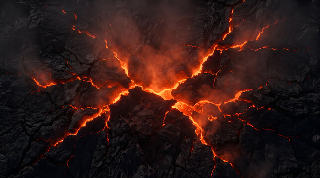 molten orange lava flowing through cracked dark volcanic rock with rising smoke and steam