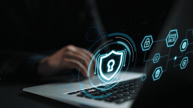 Secure Digital Environment with Laptop and Cybersecurity Icons Emphasizing Data Protection and Encryption for Technology Usage. Entropy.
