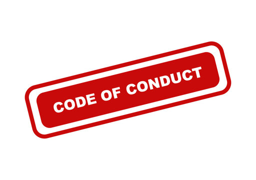 Red rectangular stamp icon with the words code of conduct written in white bold letters for corporate business ethics isolated on transparent background