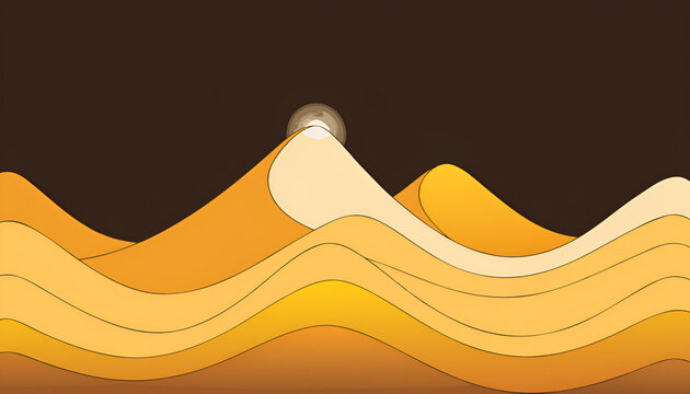stylized illustration of yellow sand dunes with a sun rising behind mountains under a dark sky