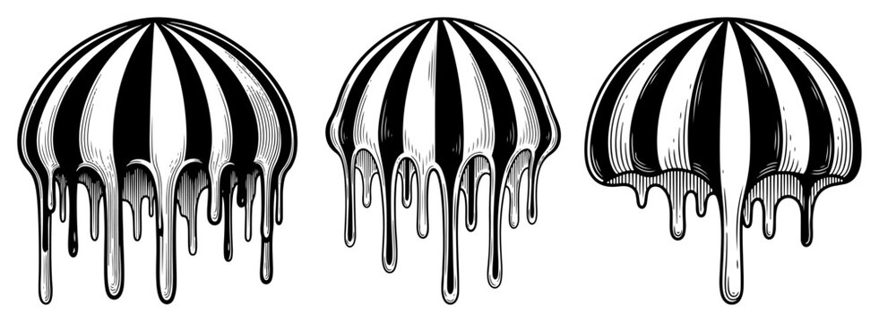 Striped melting jellyfish shapes or circus tent domes with liquid drips in surreal graphic style