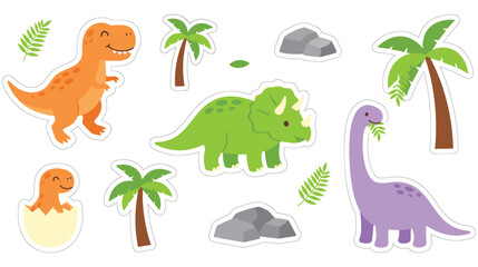 Cute prehistoric dinosaur sticker set with palms and volcanic stones. © abedin