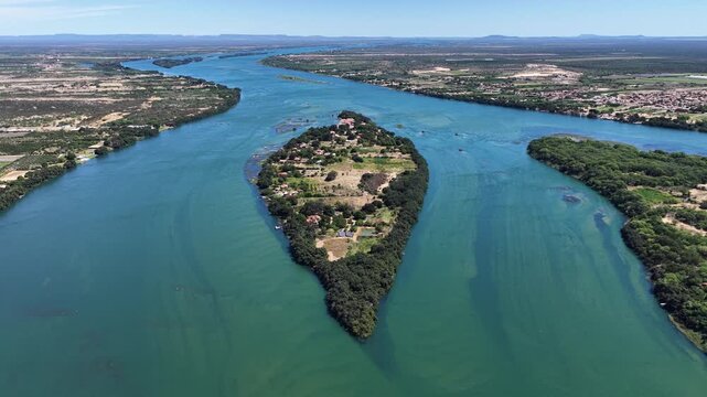 Sao Francisco River In Juazeiro Bahia Brazil. Aerial View Of A River Surrounded By Lush Green Tropical Rainforest. Amazon Forest. Tropical Eco Tourism. Juazeiro Bahia.