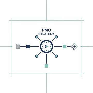 Central icon representing PMO strategy with interconnected elements, symbolizing comprehensive project management office planning and execution.
