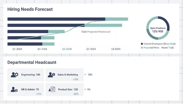 Human resources dashboard illustrating "Hiring Needs Forecast" with projected headcount and open positions, alongside departmental headcount metrics.