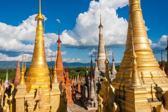 Golden pagodas at Indein temple site in Myanmar