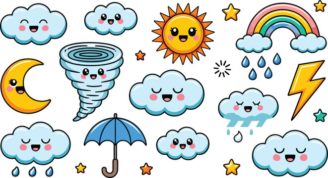 Cute kawaii weather vector illustration set with smiling cartoon clouds sun moon and tornado elements