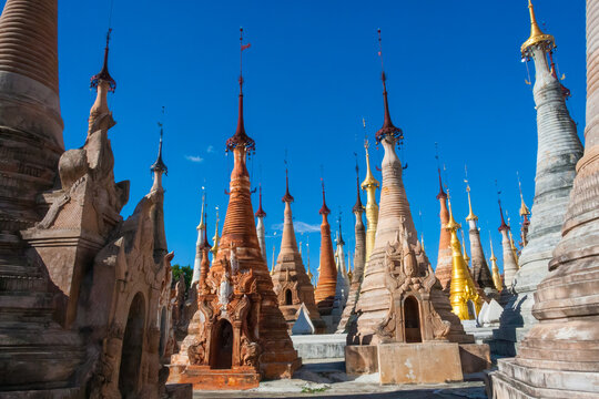 Pagoda spires at Indein in Myanmar under clear sky
