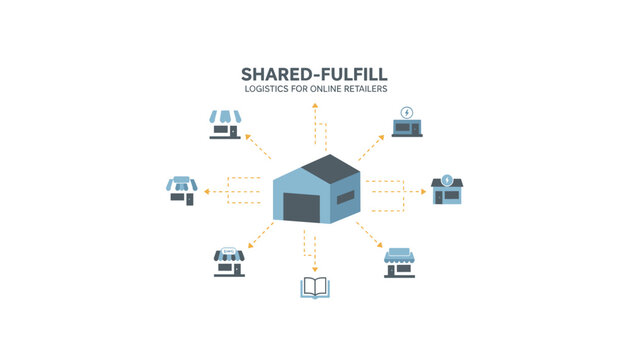 "Shared-Fulfill Logistics for Online Retailers" diagram featuring a central warehouse connected to multiple online stores and various distribution points.