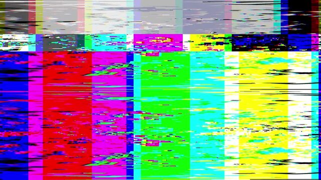 No signal VHS color bars glitch animation with analog distortion and retro broadcast test screen. Perfect for vintage video, VFX, motion graphics, TV effects, and digital overlays.