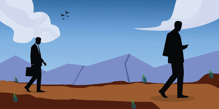 Silhouette of two businessmen walking in desert landscape with mountains