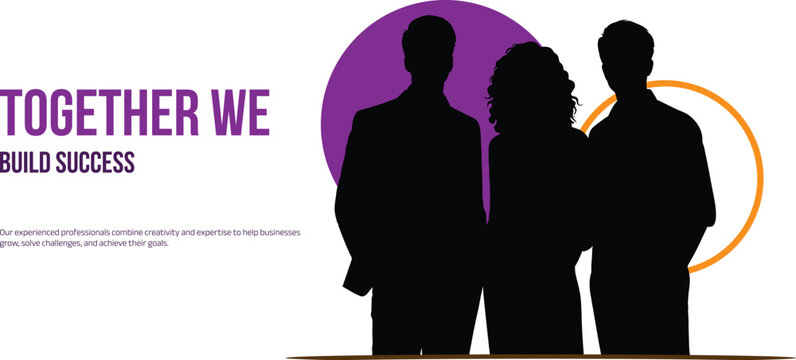 Silhouette of three business professionals in front of purple and orange circles with 'together we build success' text
