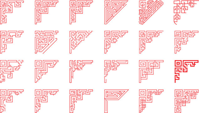 Chinese traditional red corner borders vector set with oriental geometric line ornaments and vintage asian frame decoration elements