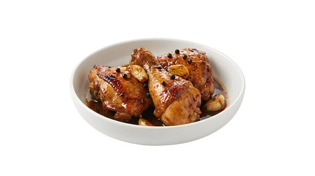 Chicken Adobo, a traditional Filipino savory chicken stew with tender drumsticks and thighs braised in soy vinegar glaze served in a white bowl isolated on a solid white background