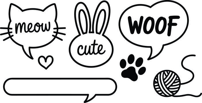 Cute pet speech bubbles vector set with cat rabbit dog shapes lettering and paw print line art elements