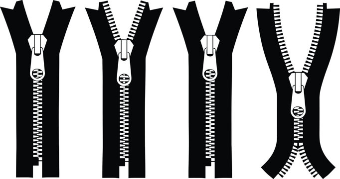 Black zipper silhouette vector set with open and closed clothing fasteners patterns and seamless border textile design elements