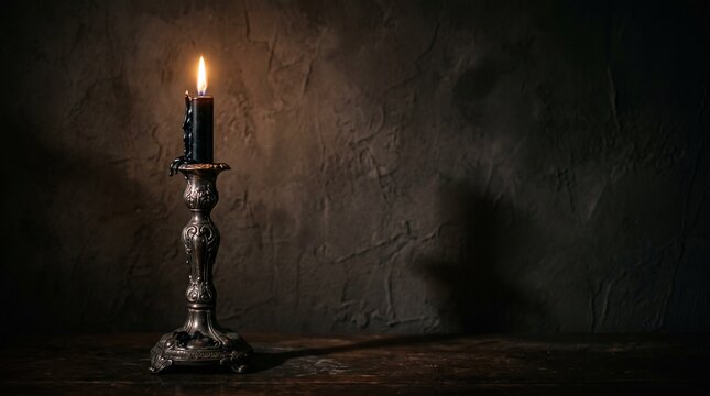 A single burning black candle in a vintage ornate metal candlestick against a dark rustic wall background.