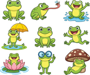 Fototapeta premium Cute cartoon green frog characters vector elements set with umbrella lotus flower mushroom and glasses