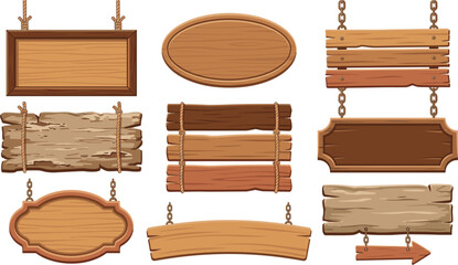 Blank wooden signs set with rustic timber planks banners hanging on chains and ropes with arrow vector illustration © Moner