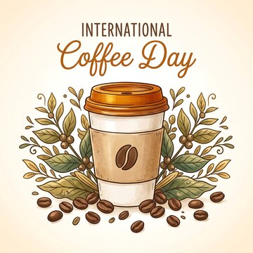 International coffee day illustration with takeaway cup surrounded by botanical leaves and roasted.