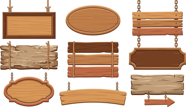 Blank wooden signs set with rustic timber planks banners hanging on chains and ropes with arrow vector illustration