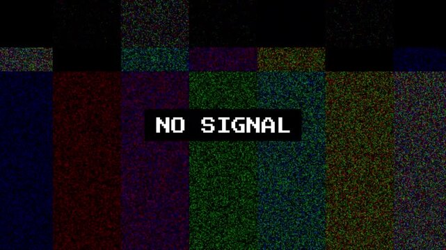 No signal VHS color bars glitch animation with analog distortion and retro broadcast test screen. Perfect for vintage video, VFX, motion graphics, TV effects, and digital overlays.